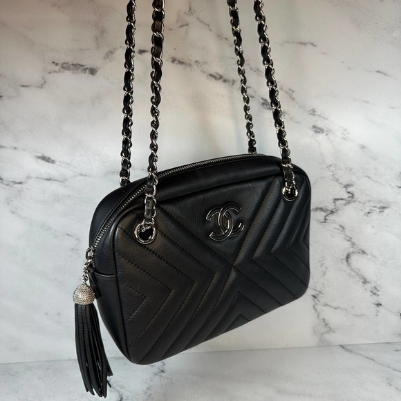 Chanel Chevron Camera Case Bag CC Black Diagonal Shoulder Purse Handbag Silver - Picture 7 of 16